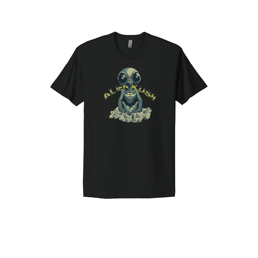 Black T-shirt featuring a cartoon alien with a pile of cannabis buds and the text 'Alien Kush,' perfect for cannabis enthusiasts and fans of extraterrestrial-inspired designs.