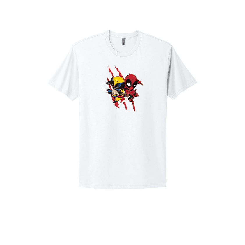 White T-shirt featuring a playful cartoon design of Deadpool and Wolverine together, perfect for Marvel fans and superhero enthusiasts.