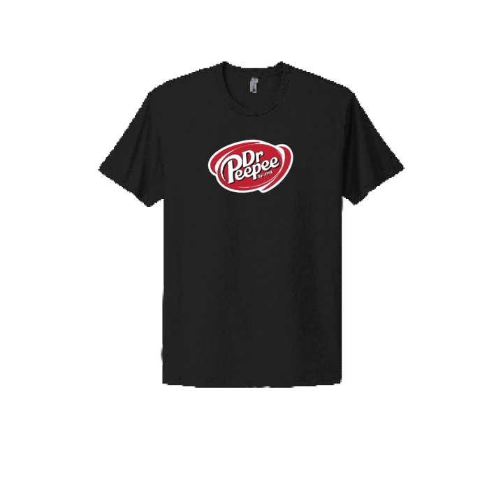 Black T-shirt featuring a humorous parody of a popular soda logo with the text 'Dr. Peepee,' perfect for fans of witty and playful designs