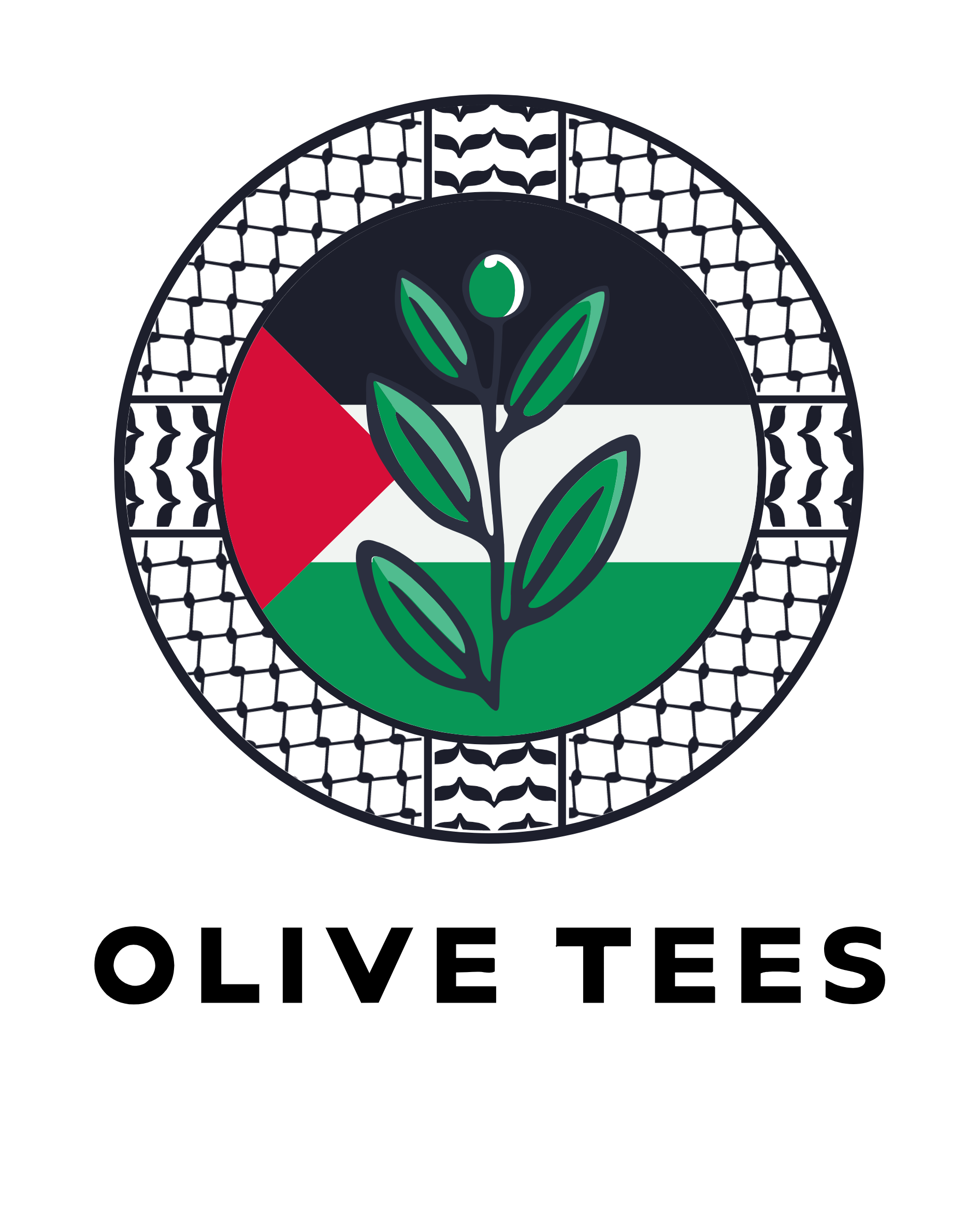 Olive Tees logo featuring a Palestinian flag with an olive branch design and keffiyeh pattern background.
