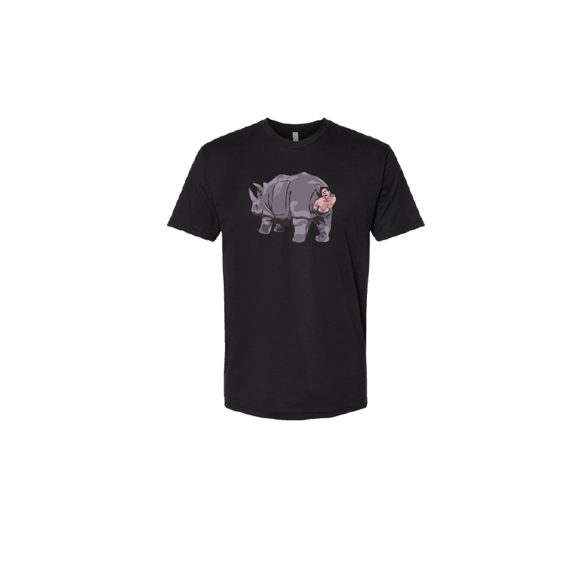 Black T-shirt featuring a hilarious graphic inspired by the iconic rhino scene from Ace Ventura, perfect for fans of classic comedy and memorable movie moments