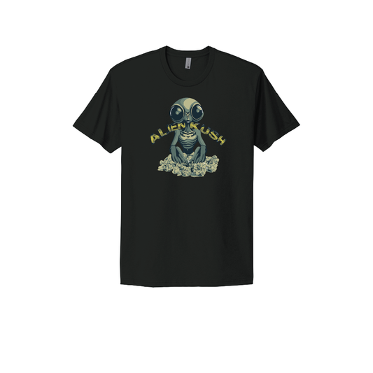 Black T-shirt featuring a cartoon alien with a pile of cannabis buds and the text 'Alien Kush,' perfect for cannabis enthusiasts and fans of extraterrestrial-inspired designs.