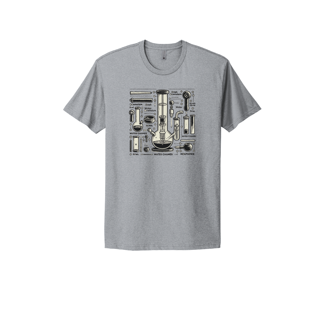 Grey T-shirt featuring a detailed diagram of a bong with labeled parts, perfect for cannabis enthusiasts and fans of creative, educational designs