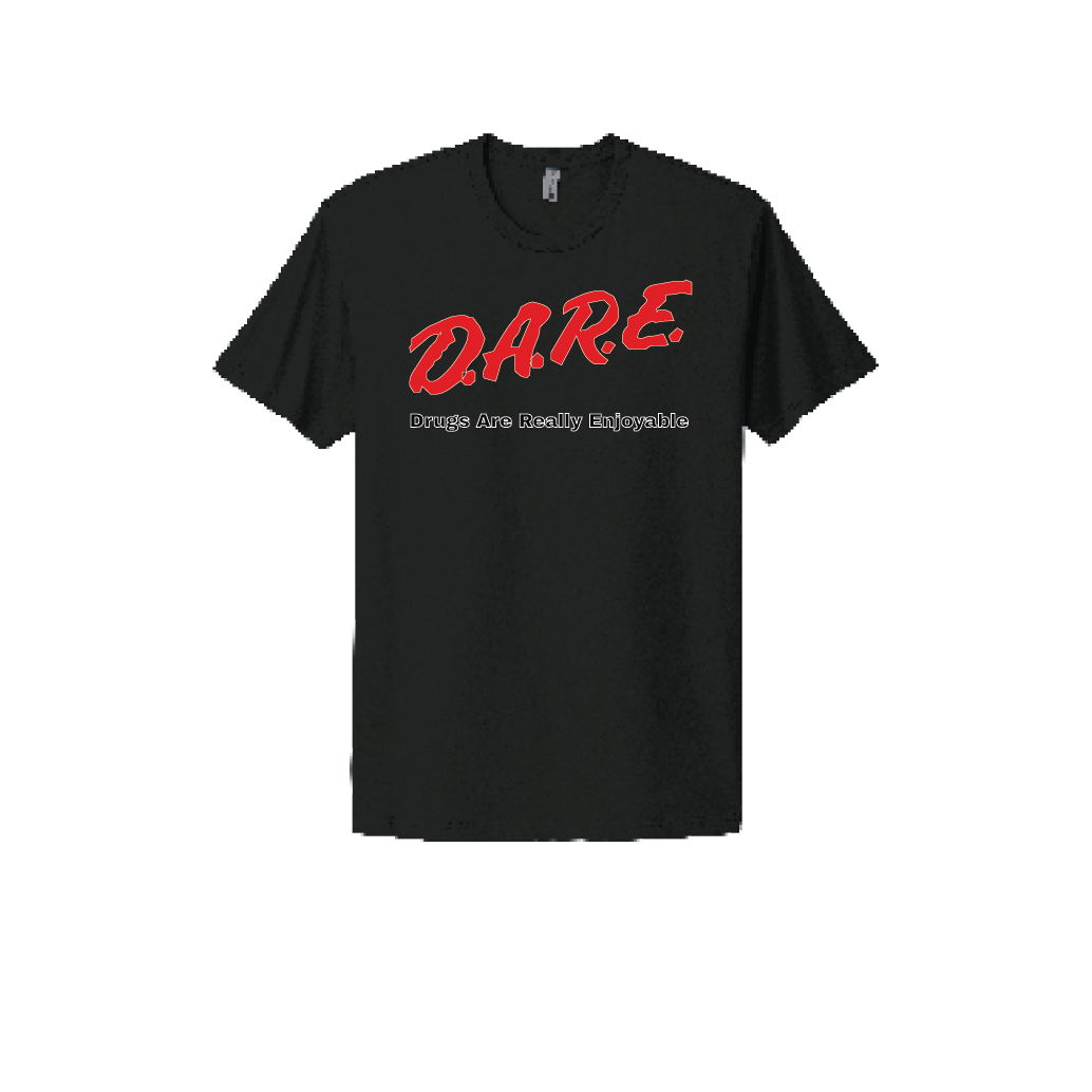 Black T-shirt featuring a parody of the classic D.A.R.E. logo with the phrase 'Drugs Are Really Enjoyable,' a humorous take on the iconic slogan.