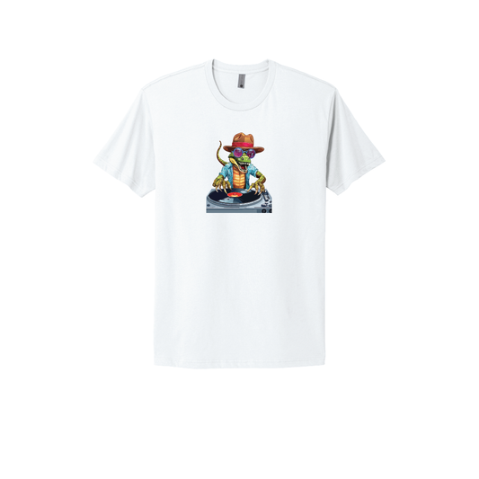 White T-shirt featuring a vibrant, colorful illustration of a stylish lizard dressed as a DJ. The lizard wears a cowboy hat, sunglasses, and a flashy outfit, spinning vinyl on a turntable. A fun and quirky design for music and art enthusiasts