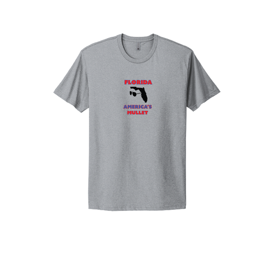 Grey T-shirt featuring a humorous design with the state of Florida silhouette and the phrase 'Florida: America’s Mullet,' combining state pride with playful humor