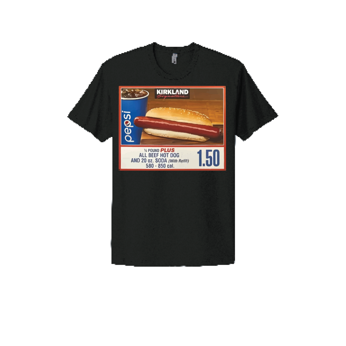 Black T-shirt featuring a nostalgic Kirkland design with a hot dog and soda combo for $1.50, showcasing the iconic Costco snack deal.