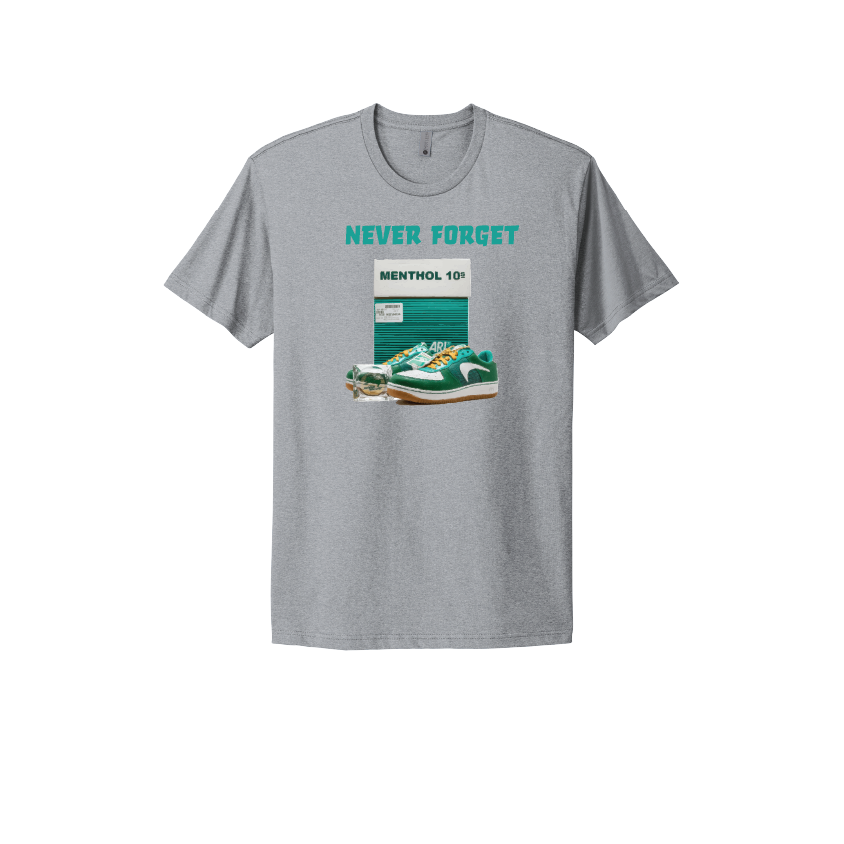 Grey T-shirt featuring a 'Never Forget' design with menthol cigarettes, green sneakers, and a liquor shot, blending nostalgia with humor