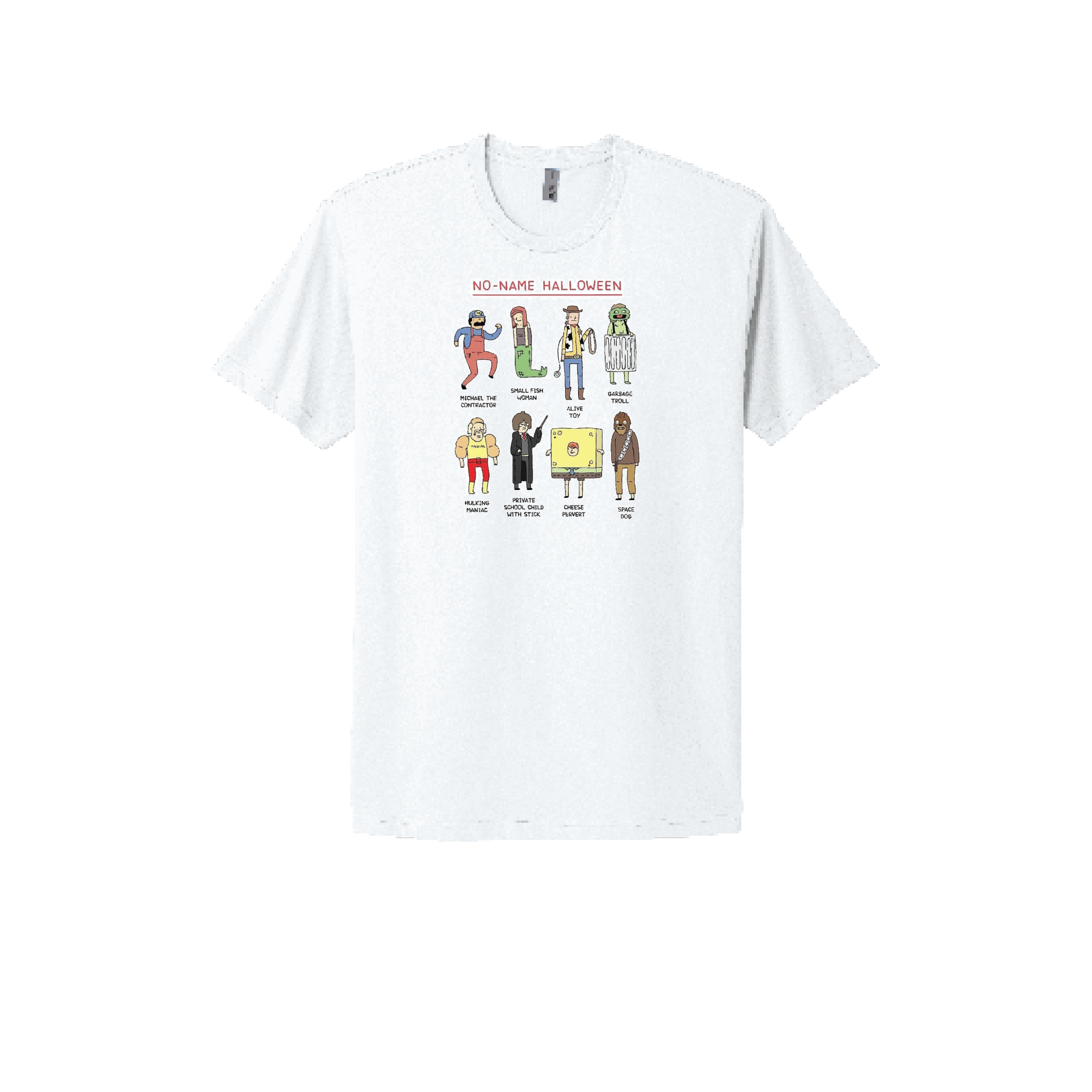 White T-shirt featuring humorous 'No-Name Halloween' DIY costume ideas, with playful illustrations and witty labels for last-minute Halloween inspiration