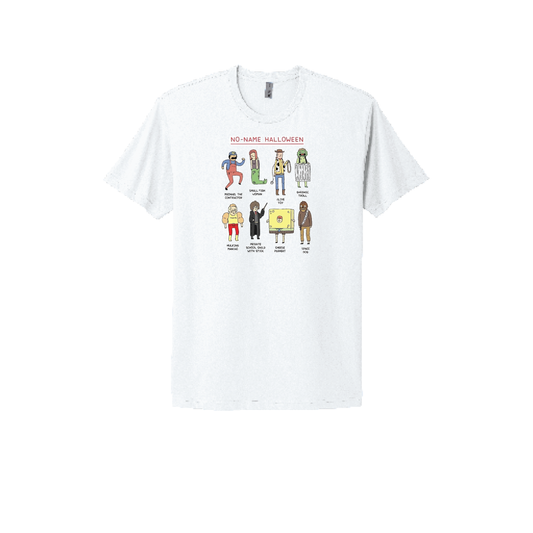 White T-shirt featuring humorous 'No-Name Halloween' DIY costume ideas, with playful illustrations and witty labels for last-minute Halloween inspiration