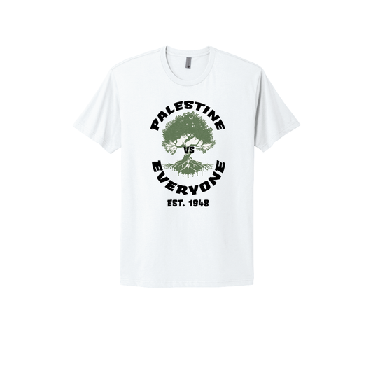 White T-shirt featuring a bold design with the text 'Palestine vs Everyone' circling an olive tree and roots, with 'Est. 1948' beneath the artwork.
