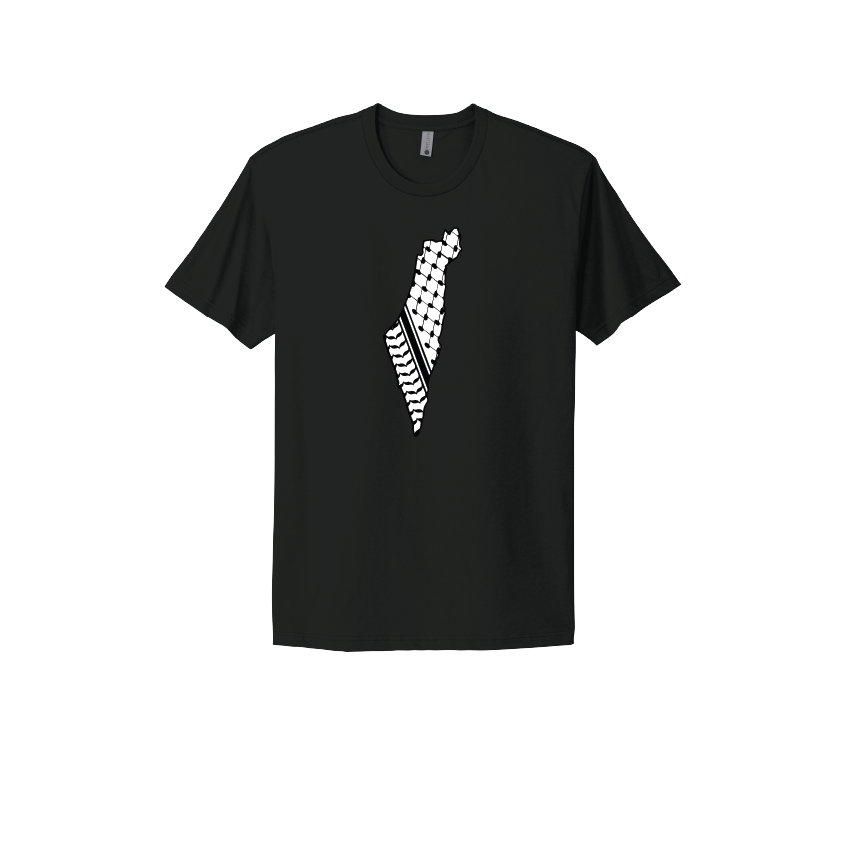 Black T-shirt featuring the map of Palestine with a bold keffiyeh pattern, symbolizing cultural heritage and solidarity