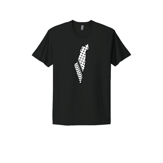 Black T-shirt featuring the map of Palestine with a bold keffiyeh pattern, symbolizing cultural heritage and solidarity