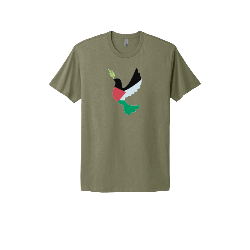 Olive green T-shirt featuring a stylized dove with Palestinian flag colors holding an olive branch, representing peace, unity, and resilience.