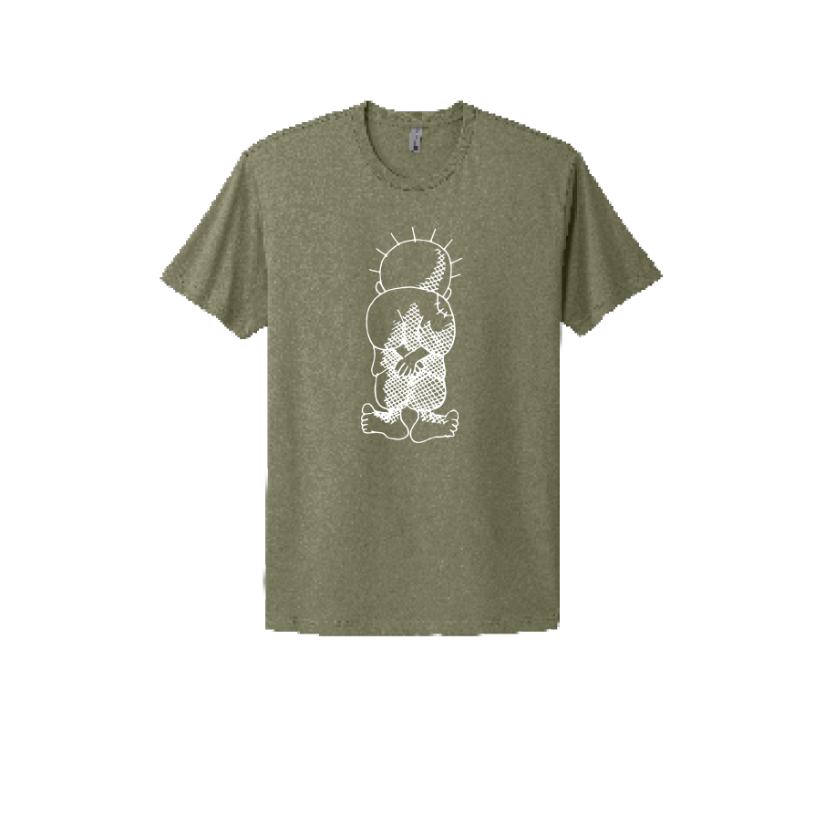Olive green T-shirt featuring a minimalist white illustration symbolizing Palestinian resilience, with a child carrying a symbolic burden under the sun