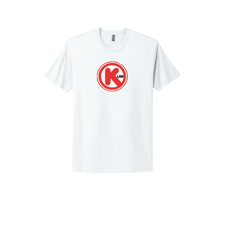 White T-shirt featuring a satirical parody logo design incorporating bold social commentary with the text 'Klan' in a circular red emblem.