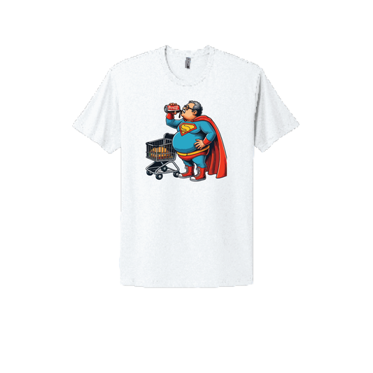 White T-shirt featuring a humorous illustration of an overweight superhero in a red cape and blue suit, holding a soda can and standing by a shopping cart filled with groceries. A playful and satirical design perfect for fans of quirky humor.