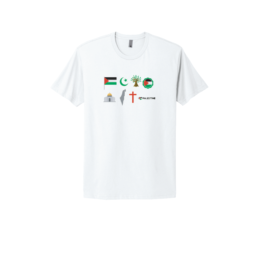 White T-shirt featuring various symbols representing Palestine, including the flag, olive tree, Dome of the Rock, and religious icons, celebrating cultural and religious unity