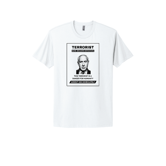 White T-Shirt featuring a bold graphic design with 'Terrorist Alert,' a headshot image, and the message 'This terrorist is a danger to humanity. Arrest him immediately.